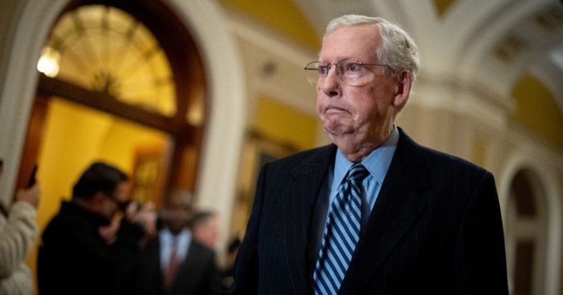 Senate Minority Leader Mitch McConnell of Kentucky arrives for a news conference following the weekly Senate Republican policy luncheon at the U.S. Capitol on Nov. 19 in Washington, D.C.