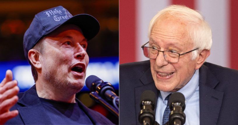 Sen. Bernie Sanders, right, admitted in a Sunday X post that Elon Musk, left, was right about government spending on the military industrial complex.