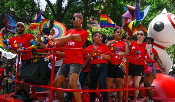 Revelers are seen on the Target float during the 2022 New York City Pride march on June 26, 2022 in New York City