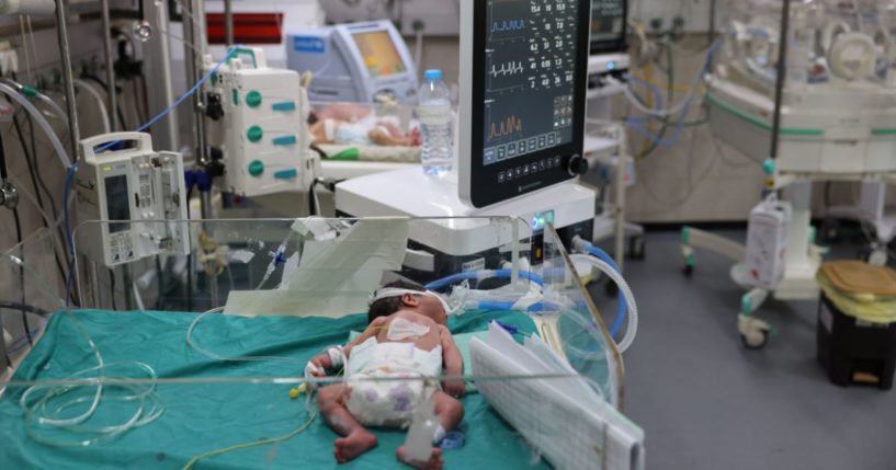 This picture taken on September 29, 2022 shows a view of a newborn infant receiving care at a neonatal intensive care unit (NICU) at al-Shifa hospital in Gaza City on September 29, 2022.