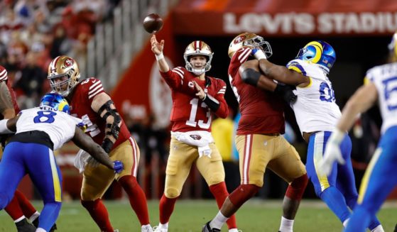 Brock Purdy #13 of the San Francisco 49ers passes during the game against the Los Angeles Rams at Levi's Stadium on December 12, 2024 in Santa Clara, California.