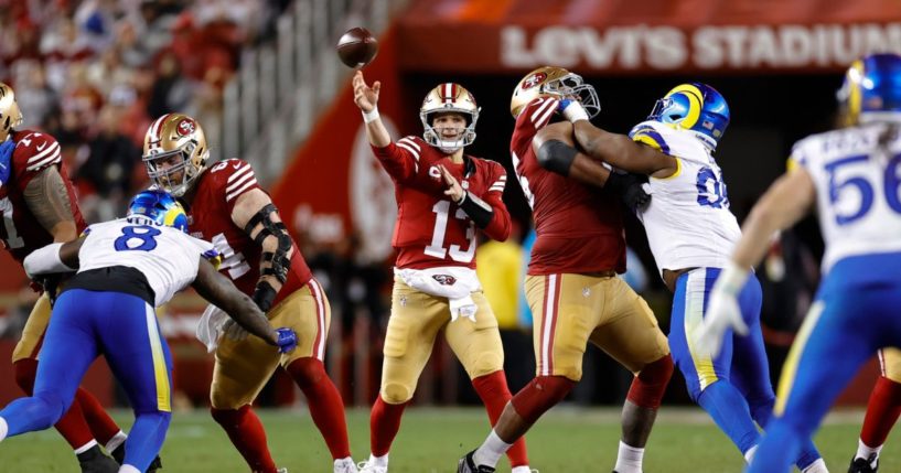 Brock Purdy #13 of the San Francisco 49ers passes during the game against the Los Angeles Rams at Levi's Stadium on December 12, 2024 in Santa Clara, California.