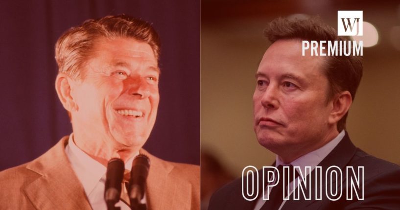 On Tuesday, Elon Musk, right, posted a video of former President Ronald Regan, left.