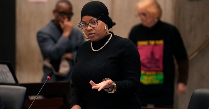 Boston City Councilor Tania Fernandes Anderson addresses Boston City Council members during a meeting at City Hall, in Boston, Massachusetts, on Oct. 25, 2023.