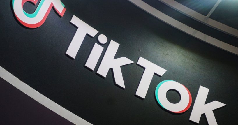 The logo of TikTok is seen during the China International Textile and Garment Supply Chain Expo in Hangzhou on Thursday.