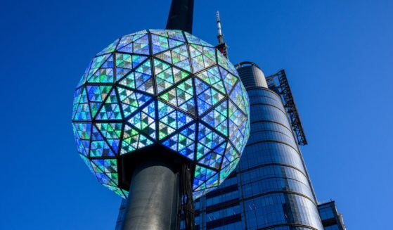 The New Year's Eve ball is lit up and tested at Times Square in New York City on Monday.