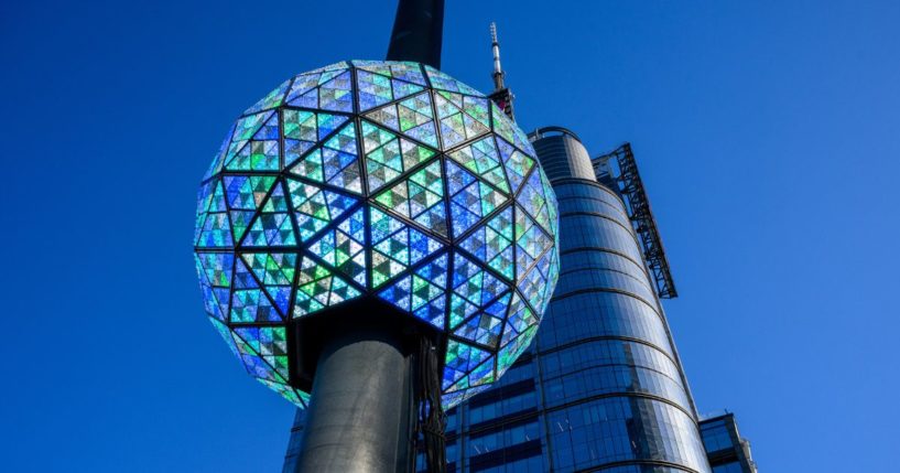 The New Year's Eve ball is lit up and tested at Times Square in New York City on Monday.