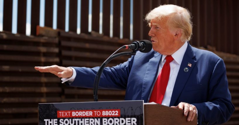 Then-Republican presidential candidate Donald Trump speaks to journalists at the U.S.-Mexico border in Montezuma Pass, Arizona, on Aug. 22.