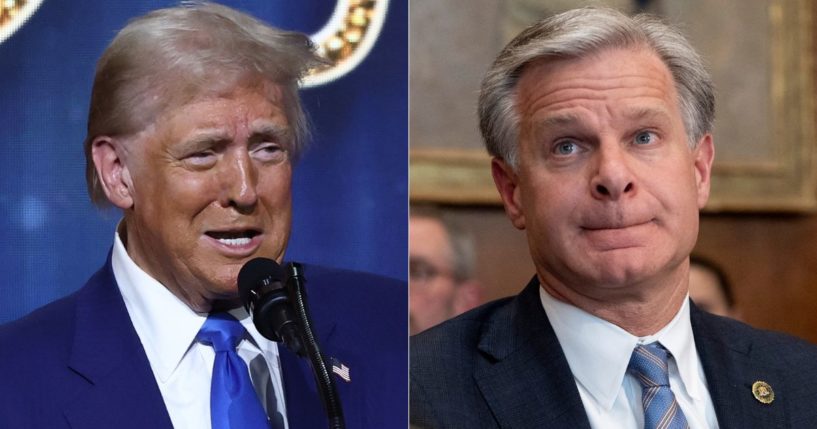 FBI Christopher Wray, right, announced he would be stepping down from his position on Wednesday, and shortly after the announcement, President-elect Donald Trump, left, took to X with goodbye message to Wray.