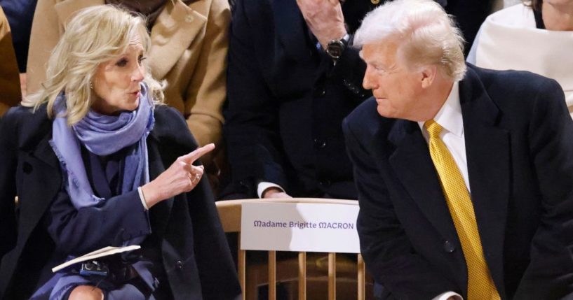 President-elect Donald Trump, right, chats with first lady Jill Biden Saturday at a ceremony in the Notre Dame Cathedral of Paris as France's iconic landmark formally reopened its doors for the first time since a devastating fire nearly destroyed the 861-year-old landmark in 2019. Trump used a snapshot of his exchange with Biden in a social media plug for his new line of fragrances.