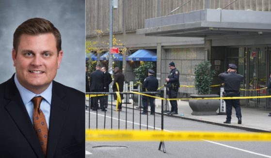 Police respond, right, after CEO of UnitedHealthcare Brian Thompson, left, was shot as he entered the New York Hilton in New York City on Wednesday.