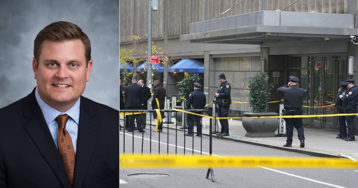 Police respond, right, after CEO of UnitedHealthcare Brian Thompson, left, was shot as he entered the New York Hilton in New York City on Wednesday.