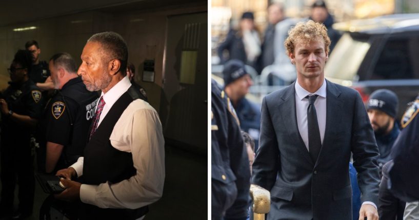 (L) Andre Zachery, father of Jordan Neely, arrives for an arraignment hearing for Daniel Penny at NYS Supreme Court on June 28, 2023 in New York City. (R) Daniel Penny arrives at the Manhattan Criminal Court as jurors continue deliberation on December 5, 2024 in New York City.