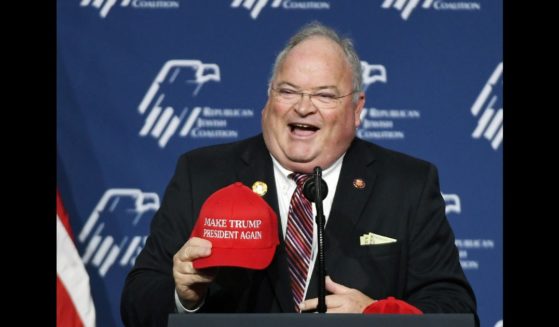 Rep. Billy Long (R-MO) displays a hat with the slogan "Make Trump President Again" as he speaks during the Republican Jewish Coalition's annual leadership meeting at The Venetian Las Vegas ahead of an appearance by U.S. President Donald Trump on April 6, 2019 in Las Vegas, Nevada.