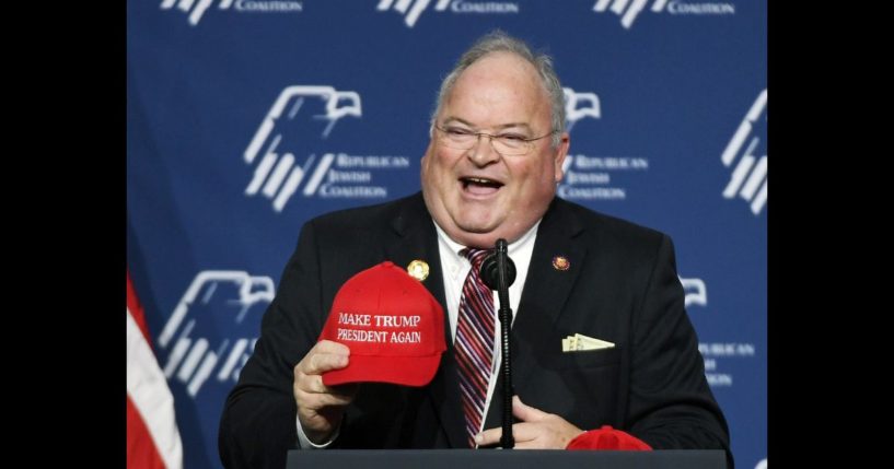 Rep. Billy Long (R-MO) displays a hat with the slogan "Make Trump President Again" as he speaks during the Republican Jewish Coalition's annual leadership meeting at The Venetian Las Vegas ahead of an appearance by U.S. President Donald Trump on April 6, 2019 in Las Vegas, Nevada.