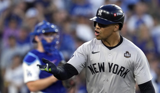 New York Yankees' Juan Soto celebrates after hitting a home run against the Los Angeles Dodgers during the third inning in Game 2 of the World Series, in Lost Angeles, California, on Oct. 26.