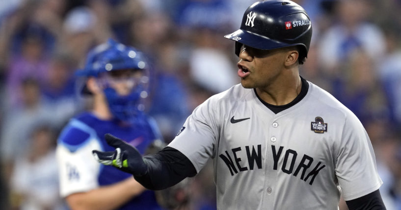 New York Yankees' Juan Soto celebrates after hitting a home run against the Los Angeles Dodgers during the third inning in Game 2 of the World Series, in Lost Angeles, California, on Oct. 26.