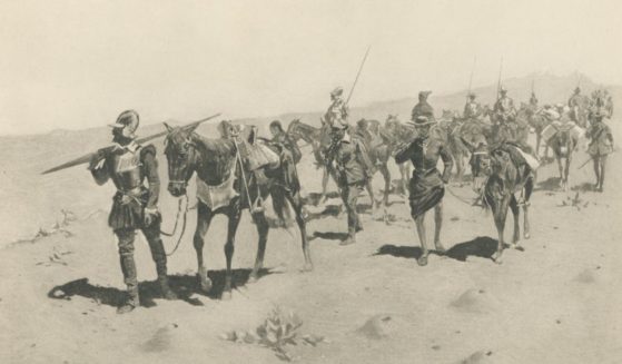 This vintage etching from the 19th century shows Francisco Vázquez de Coronado‘s march through Arizona, USA (circa 16th century).