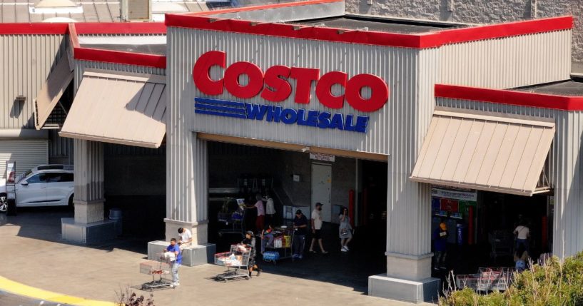 In an aerial view, the Costco logo is displayed on the exterior of a Costco store on July 11, 2024 in Richmond, California.