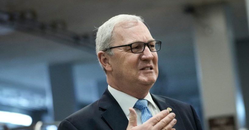 Sen. Kevin Cramer (R-ND) speaks to reporters on his way to a vote at the U.S. Capitol on January 5, 2022 in Washington, DC.