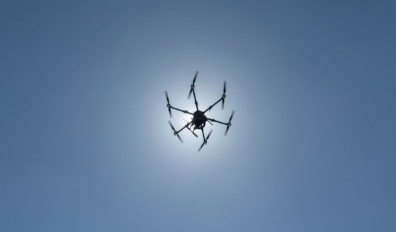 The combat drone 'Kazhan' flies in the sky on May 31, 2024 in Donetsk Oblast, Ukraine.