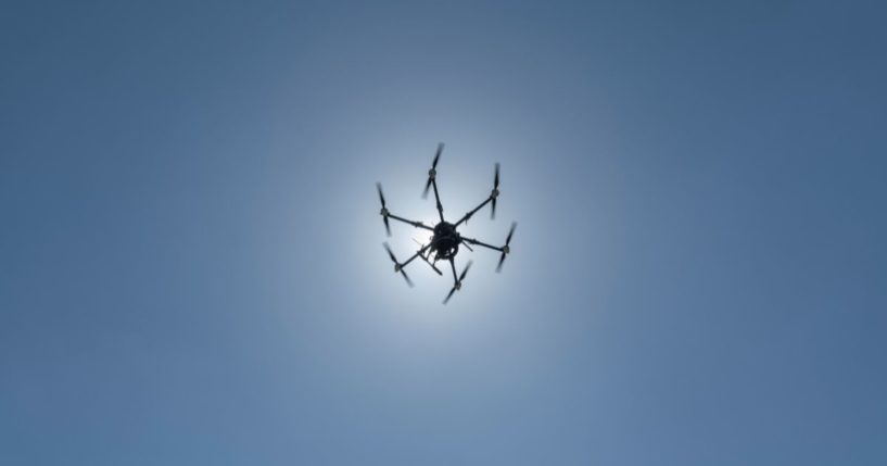 The combat drone 'Kazhan' flies in the sky on May 31, 2024 in Donetsk Oblast, Ukraine.