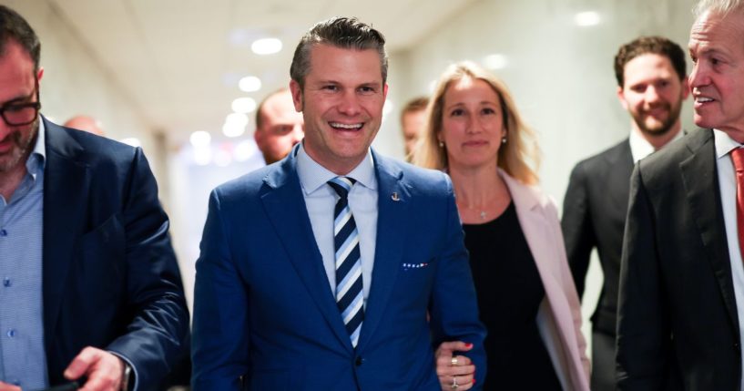 Pete Hegseth, U.S. President-elect Donald Trump's nominee for Secretary of Defense, arrives for a meeting at the Hart Senate Office Building on December 18, 2024 in Washington, DC.