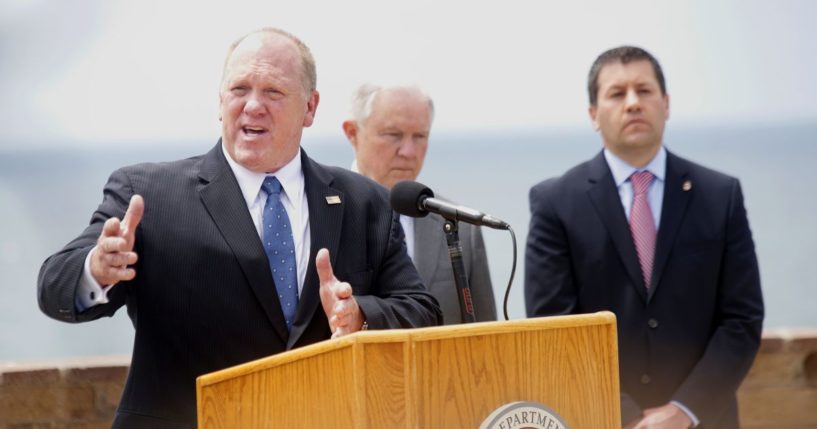 Thomas Homan, Deputy Director of Immigration and Immigration enforcement addresses the media during a press conference at Border Field State Park on May 7, 2018 in San Ysidro, CA.