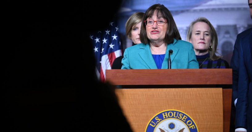 United States Representative Annie Kuster (D-NH) appears at a press conference about the border at the United States Capitol Visitor Center on Thursday February 15, 2024 in Washington, DC.