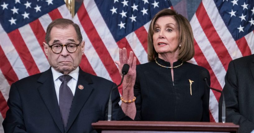 Then-Speaker of the House Nancy Pelosi (D-CA) delivers remarks alongside Chairman Jerry Nadler, House Committee on the Judiciary (D-NY) following the House of Representatives vote to impeach President Donald Trump on December 18, 2019 in Washington, DC.