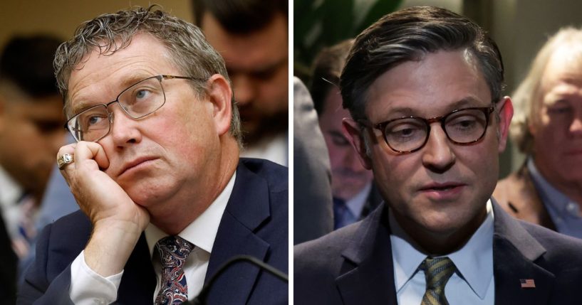 (L) House Judiciary Committee members Rep. Chip Roy (R-TX) (not pictured) and Rep. Thomas Massie (R-KY) listen to U.S. Attorney General Merrick Garland testify before the committee in the Rayburn House Office Building on Capitol Hill on June 04, 2024 in Washington, DC. (R) U.S. Speaker of the House Rep. Mike Johnson (R-LA) speaks to members of the press at the U.S. Capitol on December 20, 2024 in Washington, DC.