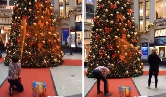 These X screen shots show radical environmental activists from "Letzte Generation" spraying orange substance on Christmas trees in Germany.