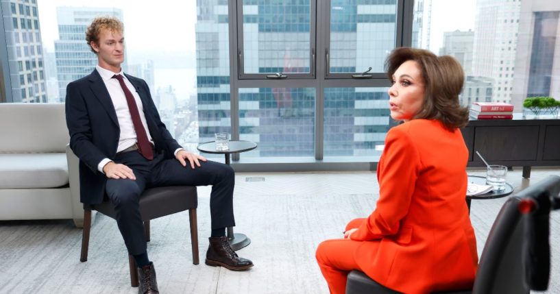 Judge Jeanine Pirro (R) speaks with Daniel Penny during an exclusive interview for FOX Nation on December 10, 2024 in New York City.