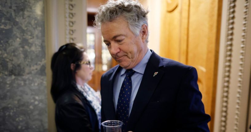 Sen. Rand Paul (R-KY) walks out of the Senate Chamber in between votes at the U.S. Capitol on February 12, 2024 in Washington, DC.