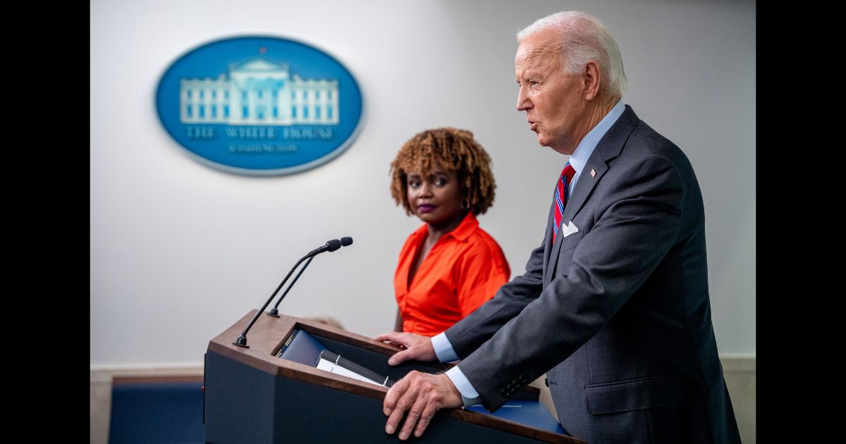 U.S. President Joe Biden, accompanied by White House press secretary Karine Jean-Pierre, speaks during a news conference in the Brady Press Briefing Room at the White House on October 4, 2024 in Washington, DC.