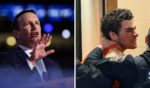 (L) U.S. Sen. Chris Murphy (D-CT) speaks on stage during the third day of the Democratic National Convention at the United Center on August 21, 2024 in Chicago, Illinois. (R) Suspected shooter Luigi Mangione is led into the Blair County Courthouse for an extradition hearing December 10, 2024 in Hollidaysburg, Pennsylvania.