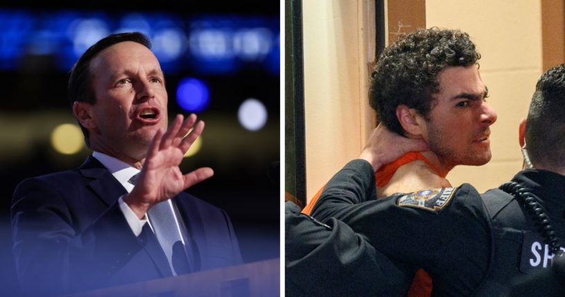 (L) U.S. Sen. Chris Murphy (D-CT) speaks on stage during the third day of the Democratic National Convention at the United Center on August 21, 2024 in Chicago, Illinois. (R) Suspected shooter Luigi Mangione is led into the Blair County Courthouse for an extradition hearing December 10, 2024 in Hollidaysburg, Pennsylvania.