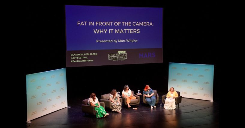 (L-R) Joy Nash, Adrienne Acevedo Lovette, Virgie Tovar, Ashlie Atkinson and Elizabeth Kilpatrick, Senior Vice President of the Geena Davis Foundation participates in the Fat in Front of the Camera: Why It Matters panel during the Bentonville Film Festival on June 23, 2022 in Bentonville, Arkansas.