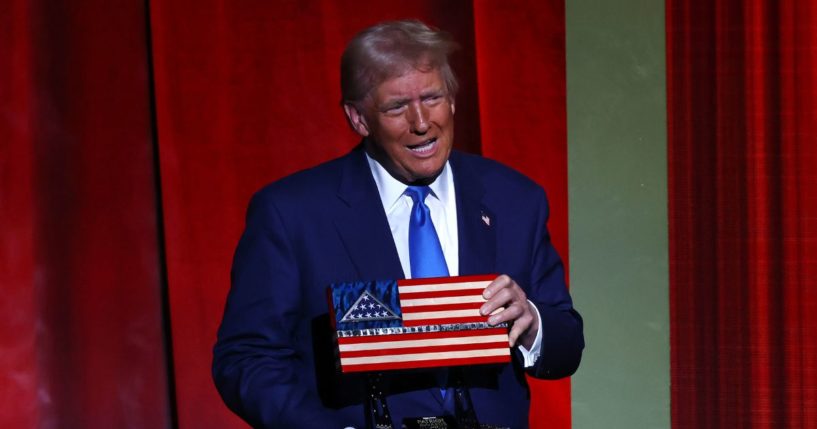 U.S. President-elect Donald Trump holds an award during the FOX Nation's Patriot Awards at the Tilles Center on December 5, 2024 in Greenvale, New York.