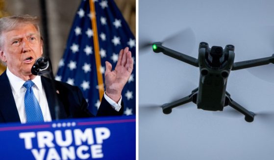 (L) U.S. President-elect Donald Trump speaks at a news conference at Trump's Mar-a-Lago resort on December 16, 2024 in Palm Beach, Florida. (R) A DJI drone, a Mini 3 Pro, flies above the ground on November 28, 2024 in Glastonbury, England.