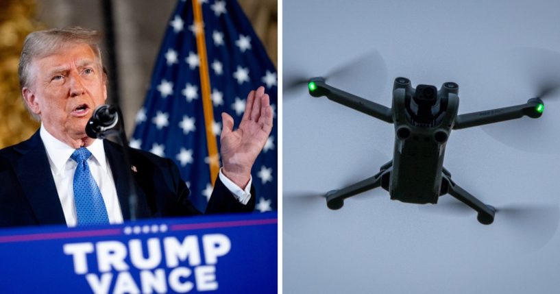 (L) U.S. President-elect Donald Trump speaks at a news conference at Trump's Mar-a-Lago resort on December 16, 2024 in Palm Beach, Florida. (R) A DJI drone, a Mini 3 Pro, flies above the ground on November 28, 2024 in Glastonbury, England.