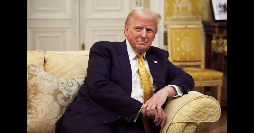 President-Elect Donald Trump reacts during his meeting with Prince William, Prince of Wales at the Embassy of the United Kingdom's Residence on December 7, 2024 in Paris, France.