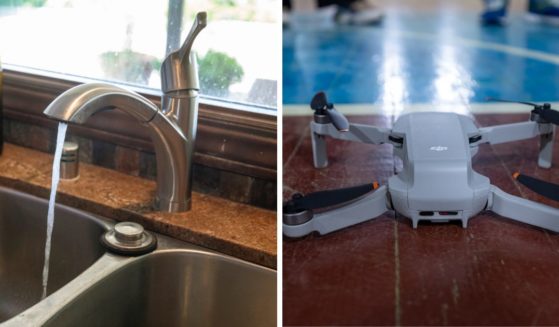 (L) Photograph shows maximum amount of water coming out of a faucet after a water flow restrictor device was installed during a demonstration at a home in Calabasas, California. (R) A quadcopter lies on the floor during UAV pilot training on October 19, 2023 in Lviv, Ukraine.