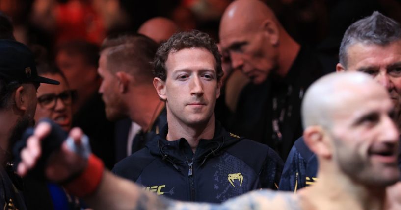 Alexander Volkanovski of Australia prepares to face Ilia Topuria in their featherweight title fight as Mark Zuckerberg looks on during UFC 298 at Honda Center on February 17, 2024 in Anaheim, California.