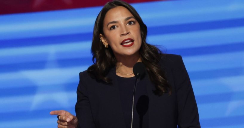 Rep. Alexandria Ocasio-Cortez speaks onstage during the first day of the Democratic National Convention in Chicago, Illinois, on Aug. 19.