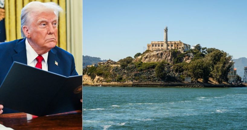 Donald Trump Jr. suggested, perhaps in jest, that President Donald Trump, left, should reopen Alcatraz, right, as a place to house criminal illegal immigrants.