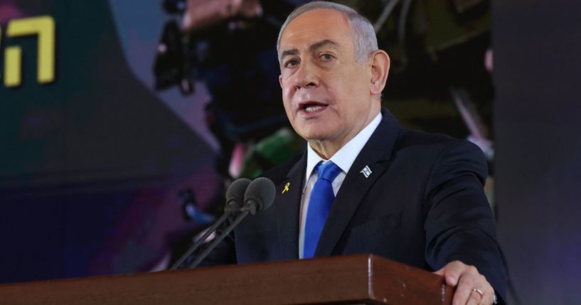 Israel's Prime Minister Benjamin Netanyahu delivers a speech during a ceremony marking the Hebrew calendar anniversary of the Hamas attack on Oct. 7, 2023, in Jerusalem on Oct. 27.