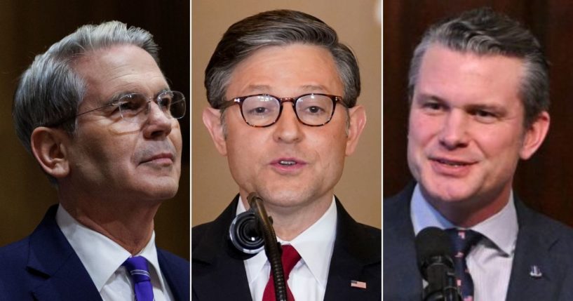 The suspect told police he intended to harm Treasury Secretary Scott Bessent, left, House Speaker Mike Johnson, center, and Defense Secretary Pete Hegseth.