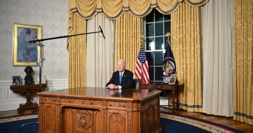 President Joe Biden delivers his farewell address to the nation from the Oval Office of the White House in Washington, D.C., on January 15, 2025.