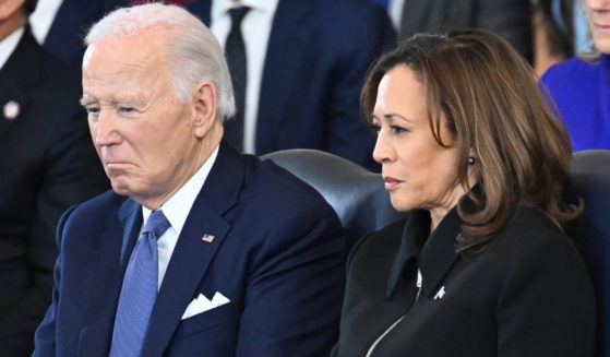 Former President Joe Biden, left, and former Vice President Kamala Harris, right, attend the inauguration of President Donald Trump in the Capitol Rotunda in Washington, D.C., on Monday.